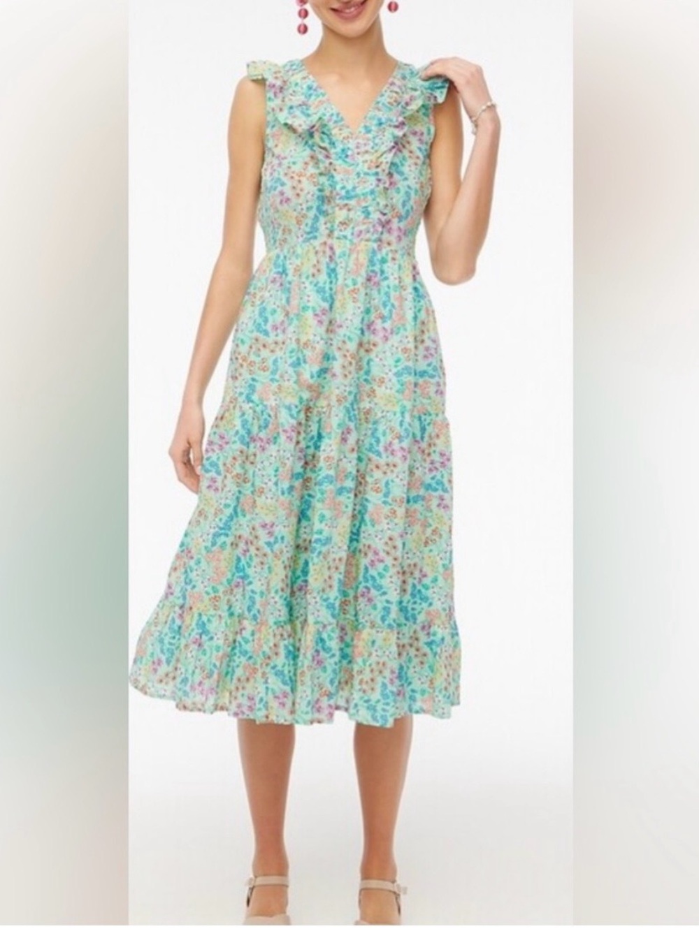 J Crew Printed VNeck Smocked Midi Dress Fresh Spearmint Floral Print Small